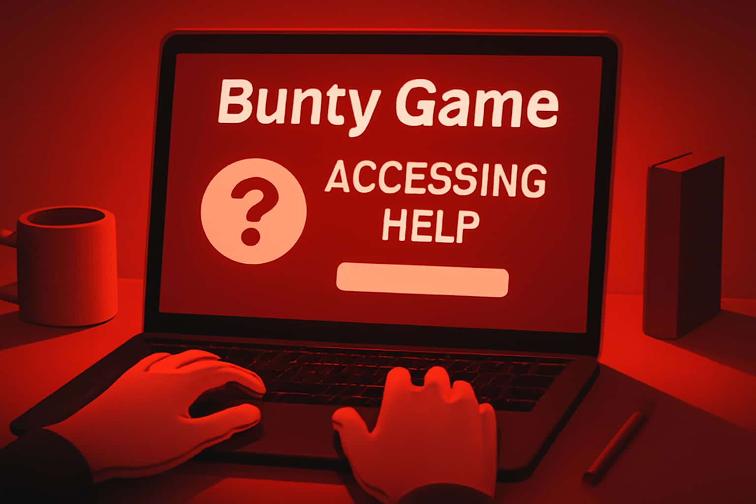 An informational scene illustrating accessing help for Bunty Game.